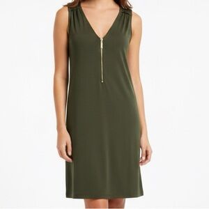 MICHAEL KORS I Dress Olive Green Ivy Stretch Shift Gold Zipper XS NWT